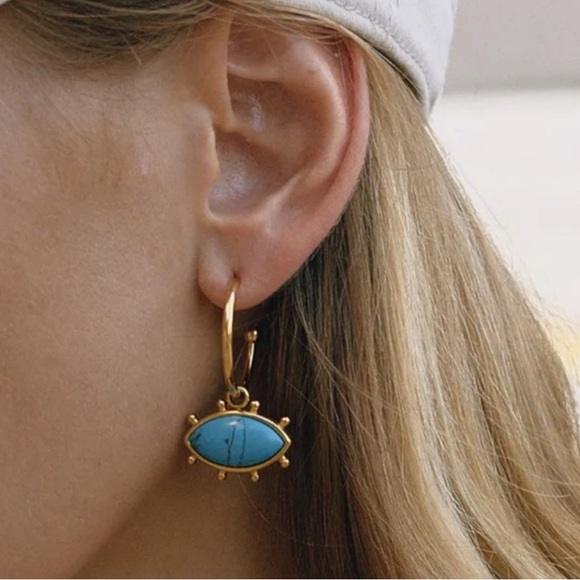 Anthropologie Ocean Eye Gold and Turquoise Hoop Earrings - Picture 1 of 7